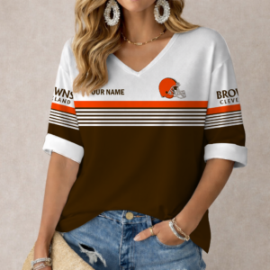 Limited Edition – Customized NFL Cleveland Khakis Women’s Heart V-Neck Long Sleeve Shirt