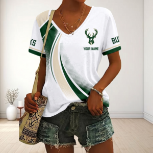 Limited Edition – Customized NBA Milwaukee Bucks V-Neck Female Shirt