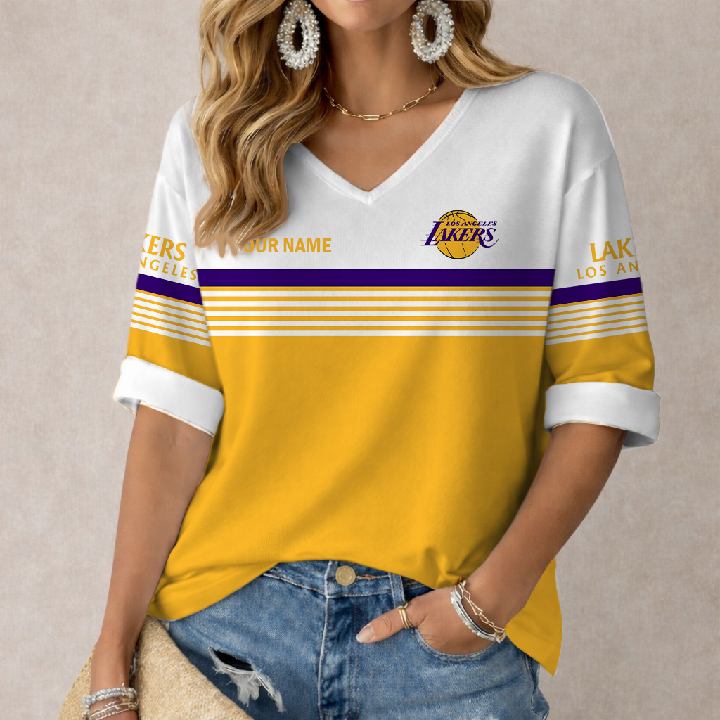 Limited Edition – Customized NBA Los Angeles Lakers Women’s Heart V-Neck Long Sleeve Shirt