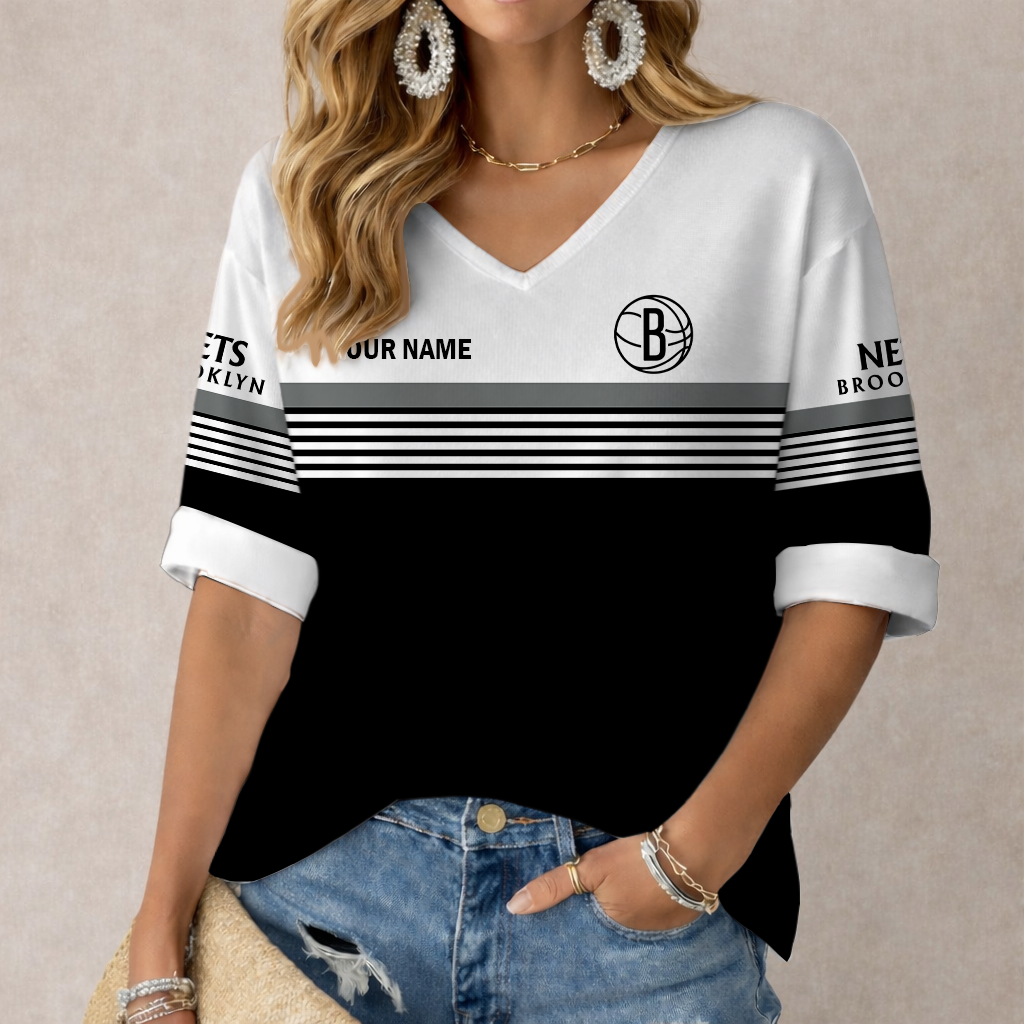 Limited Edition – Customized NBA Brooklyn Nets Women’s Heart V-Neck Long Sleeve Shirt