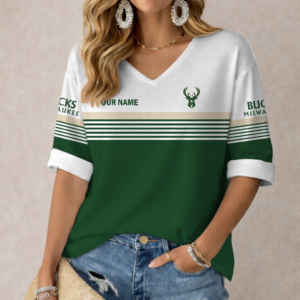 Limited Edition – Customized NBA Milwaukee Bucks Women’s Heart V-Neck Long Sleeve Shirt
