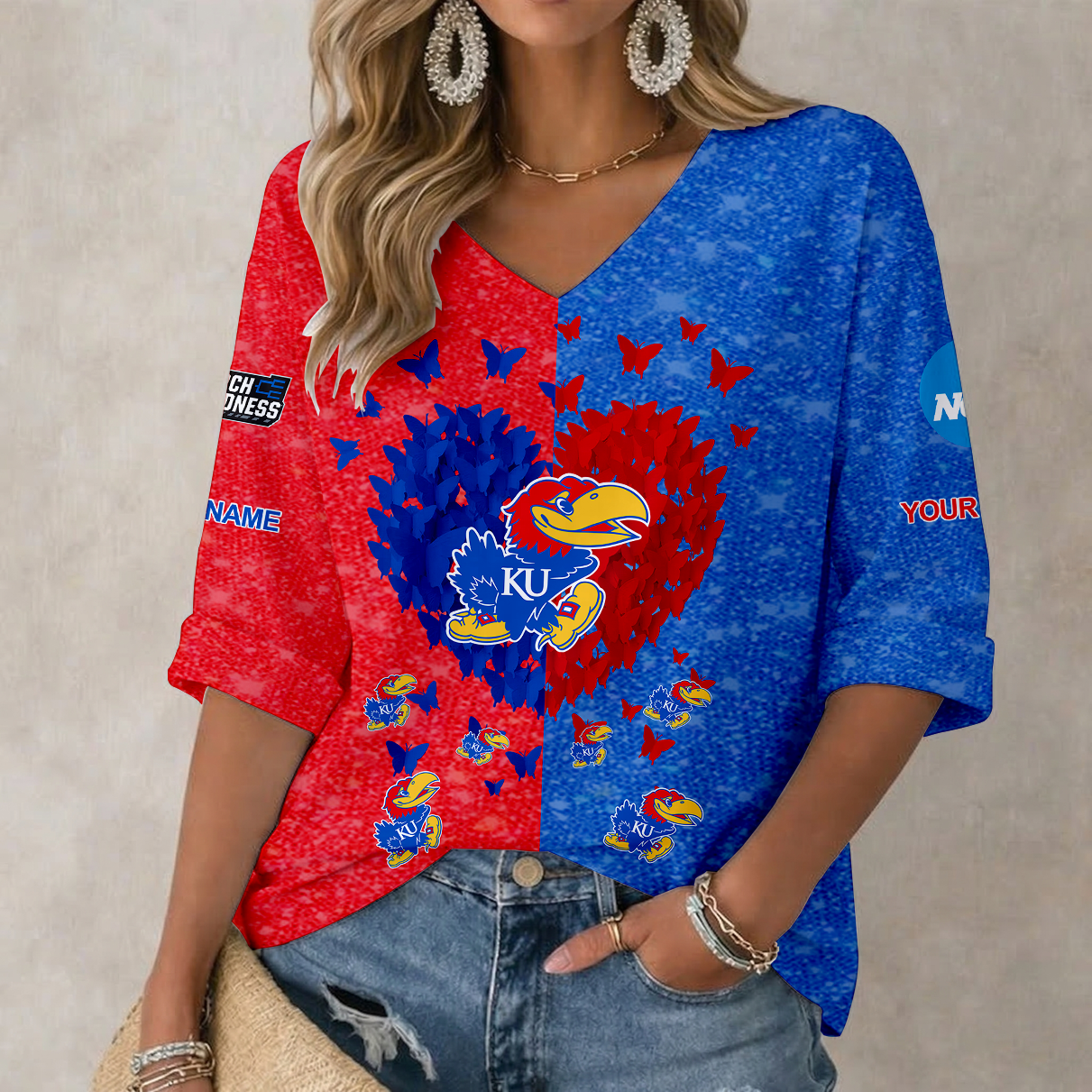 Limited Edition – Customized NCAA Kansas Jayhawks Women’s Heart V-Neck Long Sleeve Shirt