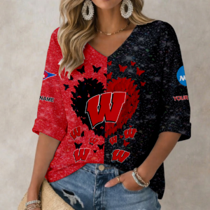 Limited Edition – Customized NCAA Wisconsin Badgers Women’s Heart V-Neck Long Sleeve Shirt