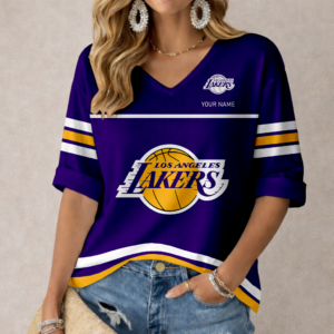 Limited Edition – Customized NBA Los Angeles Lakers Women’s Heart V-Neck Long Sleeve Shirt