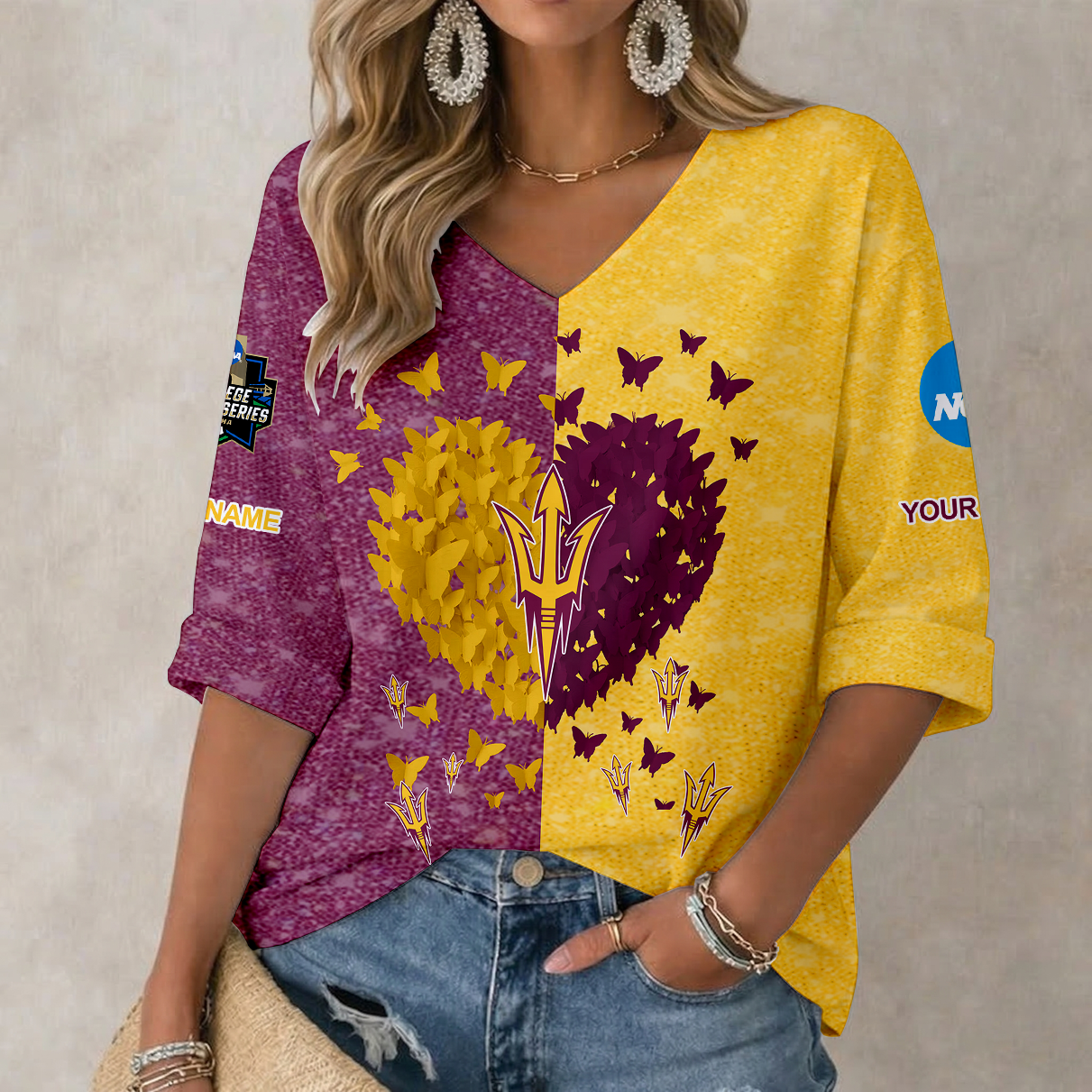 Limited Edition – Customized NCAA Arizona State Sun Devils Women’S Heart V-Neck Long Sleeve Shirt