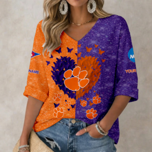 Limited Edition – Customized NCAA Clemson Tigers Women’s Heart V-Neck Long Sleeve Shirt