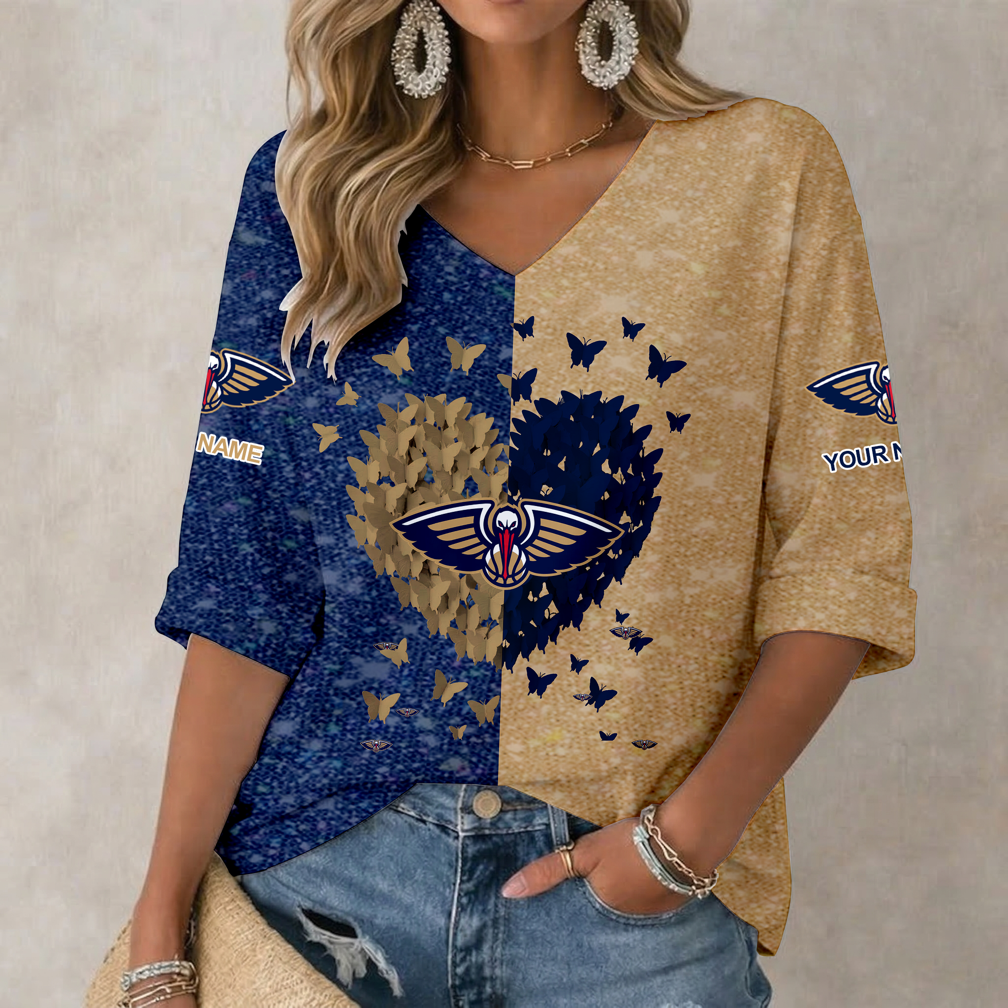 Limited Edition – Customized NBA New Orleans Pelicans Women’s Heart V-Neck Long Sleeve Shirt