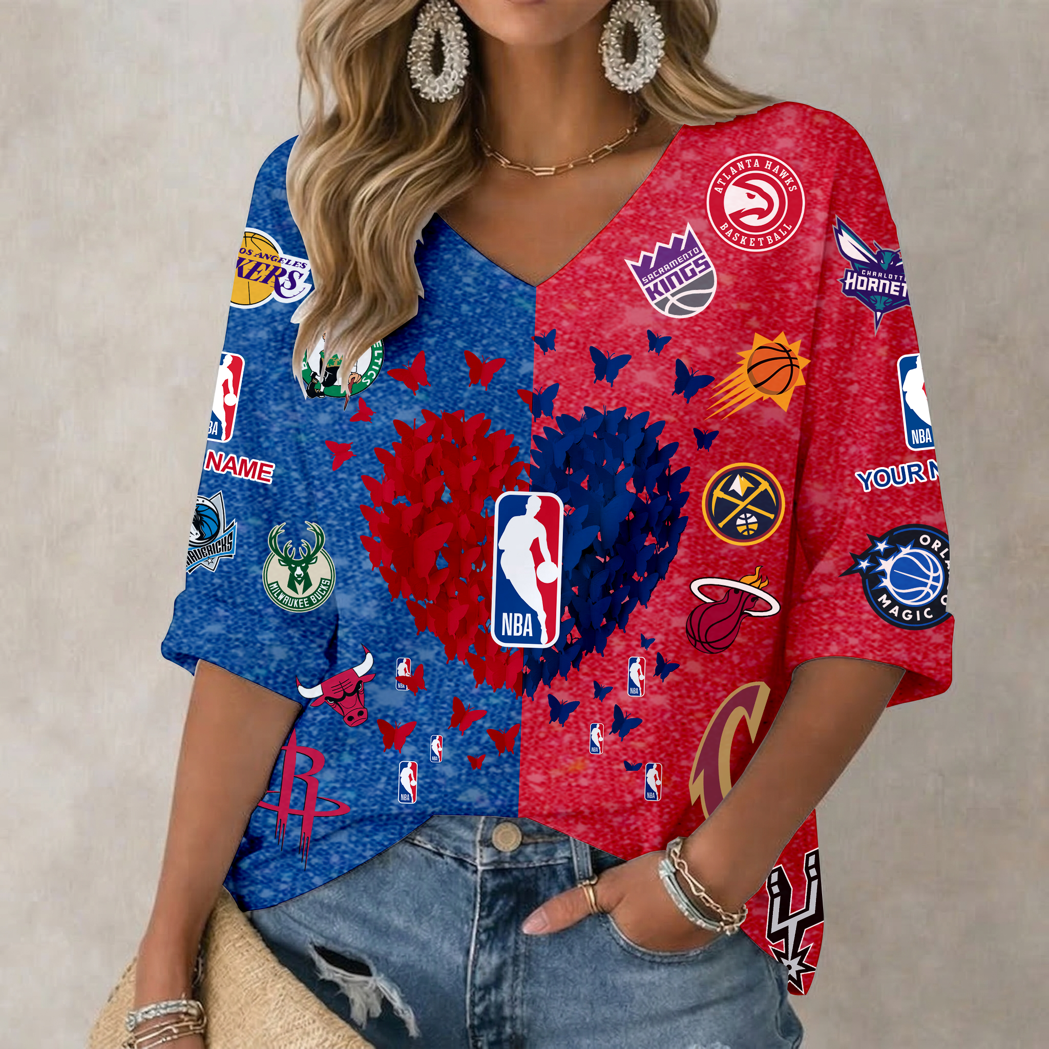 Limited Edition – Customized NBA All Teams Women’s Heart V-Neck Long Sleeve Shirt