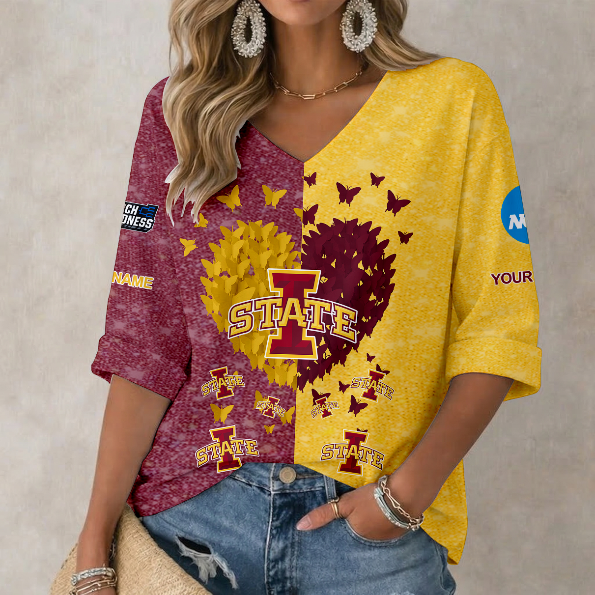 Limited Edition – Customized NCAA Iowa State Cyclones Women’s Heart V-Neck Long Sleeve Shirt