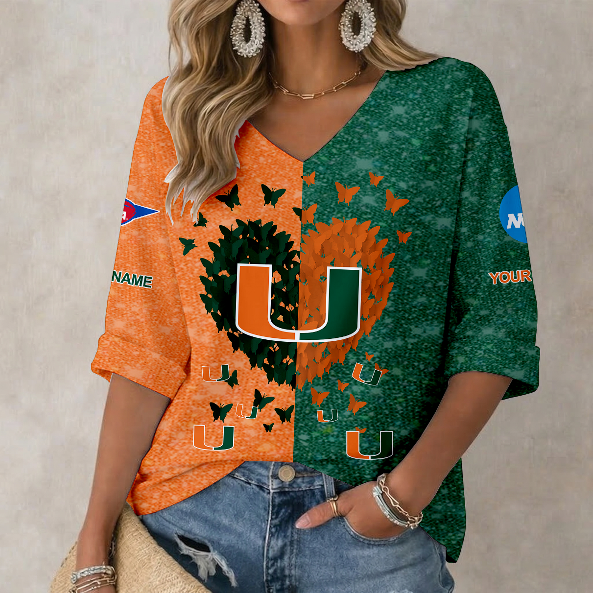 Limited Edition – Customized NCAA Miami Hurricanes Women’s Heart V-Neck Long Sleeve Shirt