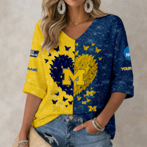 Limited Edition – Customized NCAA Michigan Wolverines Women’s Heart V-Neck Long Sleeve Shirt