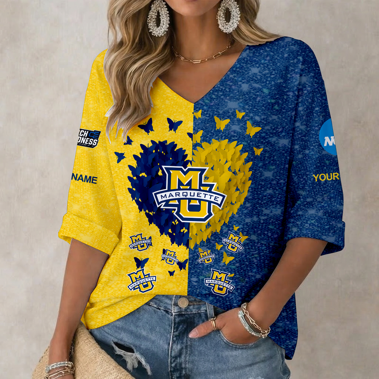 Limited Edition – Customized NCAA Marquette Golden Eagles Women’s Heart V-Neck Long Sleeve Shirt