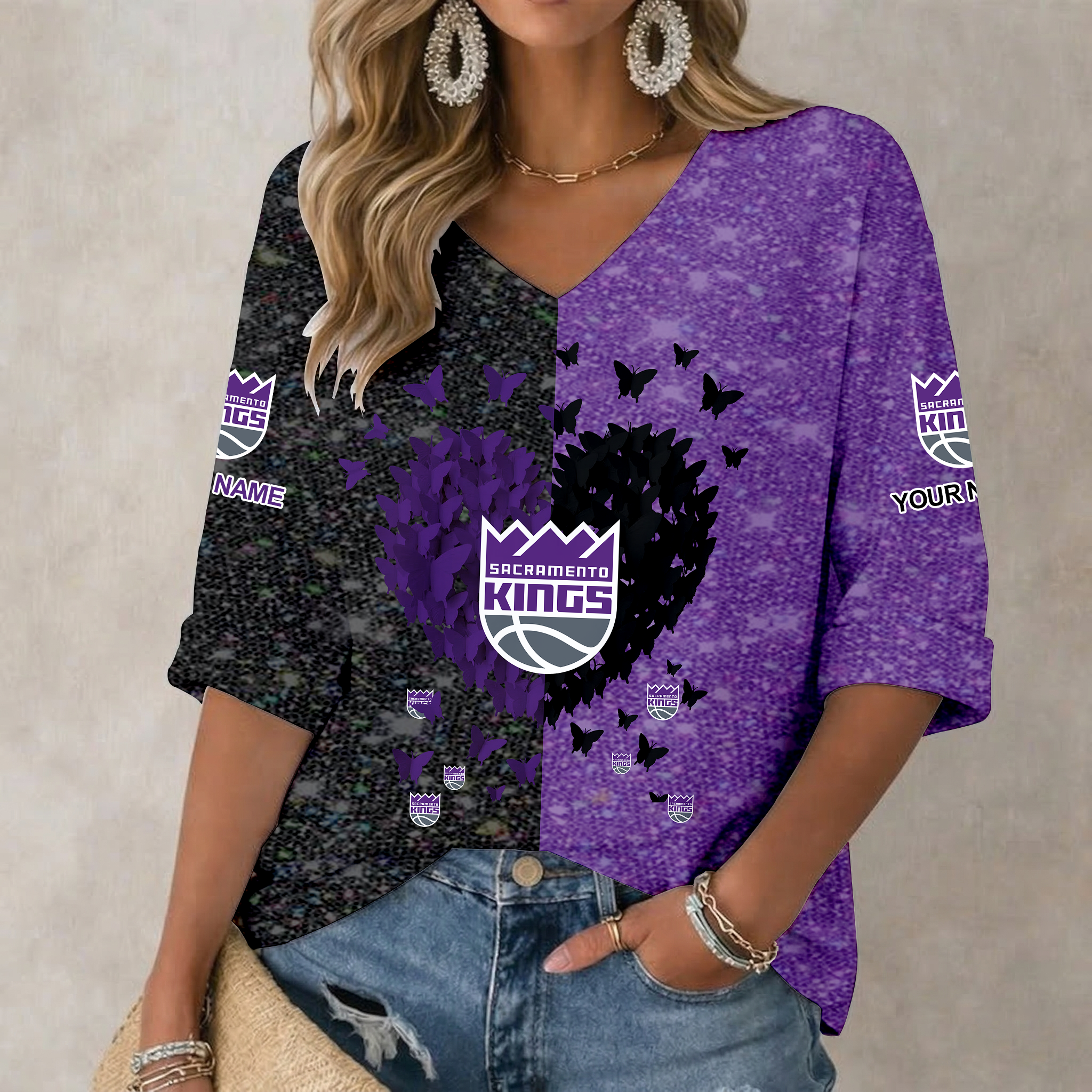 Limited Edition – Customized NBA Sacramento Kings Women’s Heart V-Neck Long Sleeve Shirt