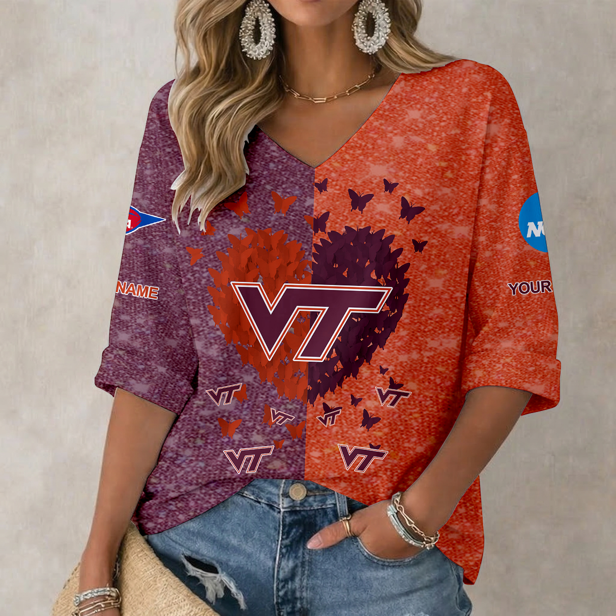 Limited Edition – Customized NCAA Virginia Tech Hokies Women’s Heart V-Neck Long Sleeve Shirt