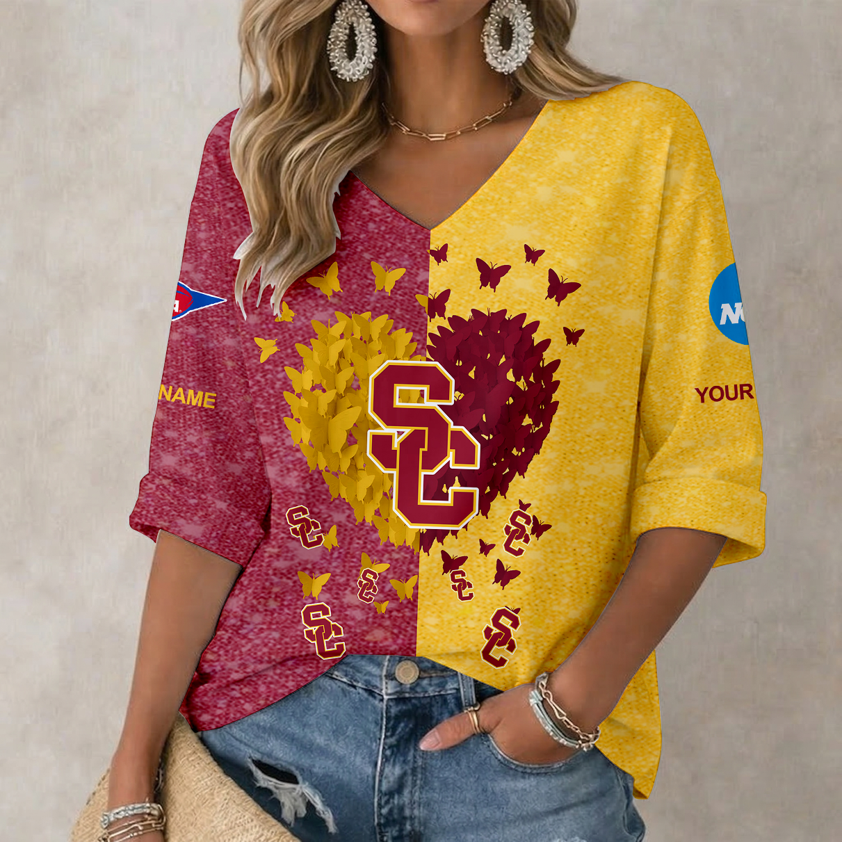 Limited Edition – Customized NCAA Usc Trojans Women’s Heart V-Neck Long Sleeve Shirt