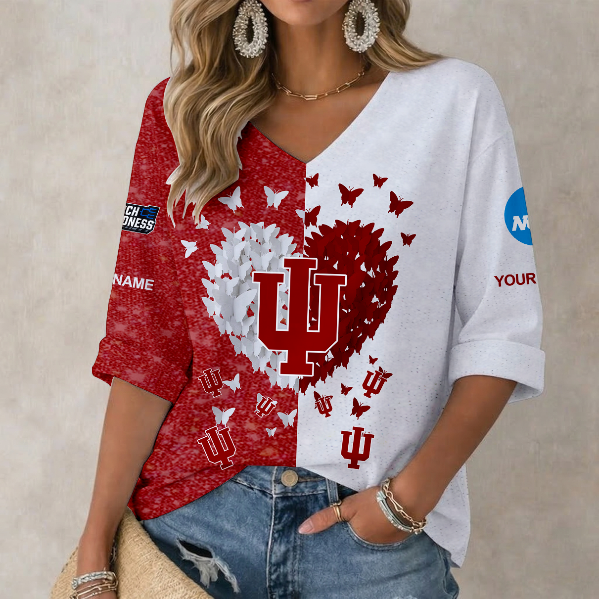 Limited Edition – Customized NCAA Indiana Hoosiers Women’s Heart V-Neck Long Sleeve Shirt