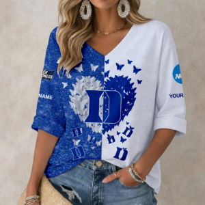 Limited Edition – Customized NCAA Duke Blue Devils Women’s Heart V-Neck Long Sleeve Shirt