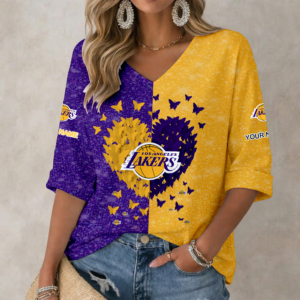 Limited Edition – Customized NBA Los Angeles Lakers Women’s Heart V-Neck Long Sleeve Shirt