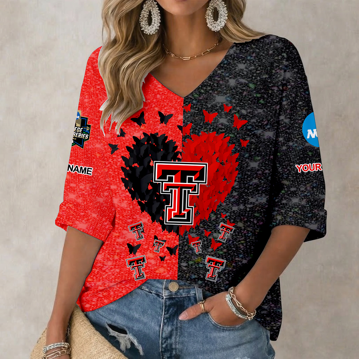 Limited Edition – Customized NCAA Texas Tech Red Raiders Women’S Heart V-Neck Long Sleeve Shirt