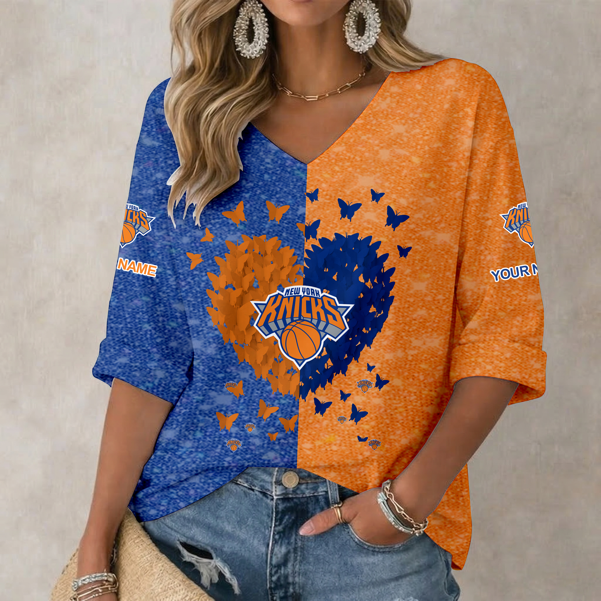 Limited Edition – Customized NBA New York Knicks Women’s Heart V-Neck Long Sleeve Shirt