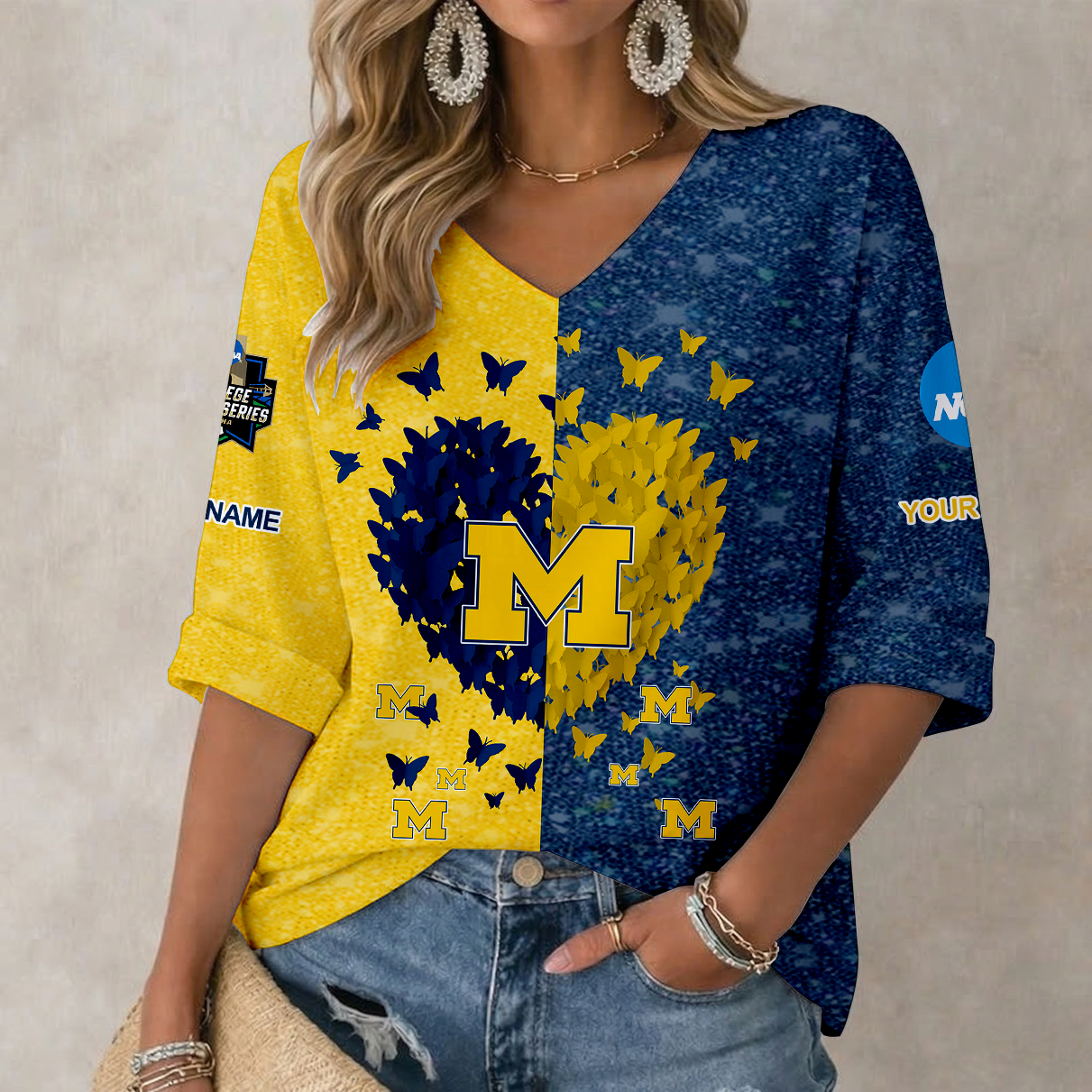 Limited Edition – Customized NCAA Michigan Wolverines Women’S Heart V-Neck Long Sleeve Shirt