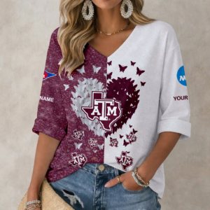 Limited Edition – Customized NCAA Texas A&M Aggies Women’s Heart V-Neck Long Sleeve Shirt