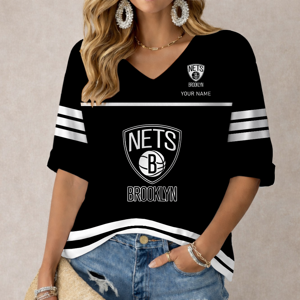 Limited Edition – Customized NBA Brooklyn Nets Women’s Heart V-Neck Long Sleeve Shirt