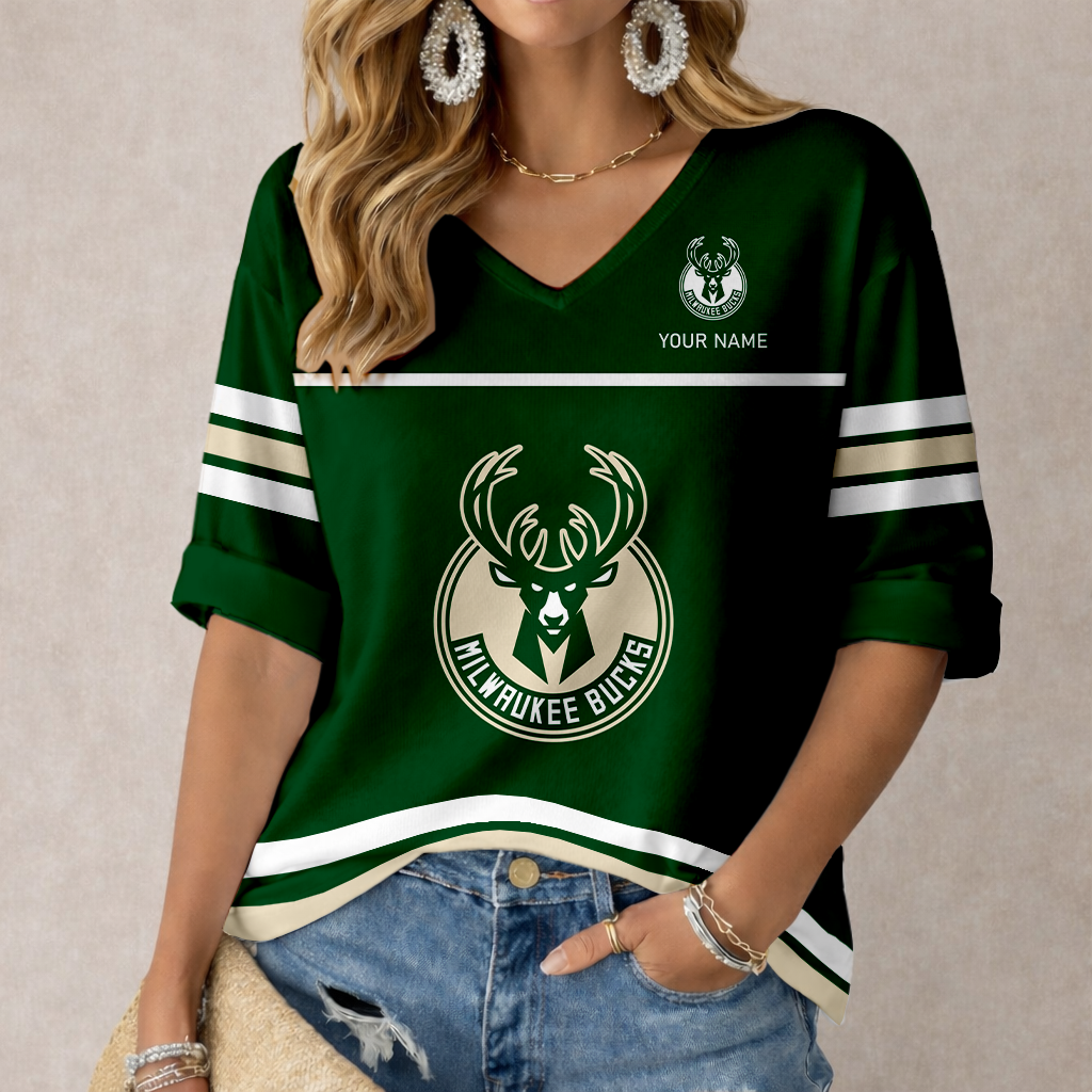 Limited Edition – Customized NBA Milwaukee Bucks Women’s Heart V-Neck Long Sleeve Shirt