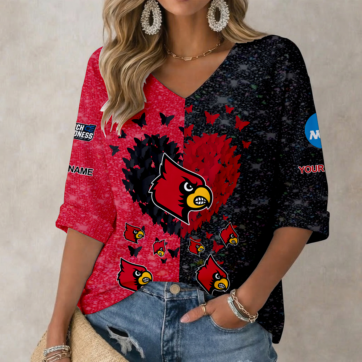 Limited Edition – Customized NCAA Louisville Cardinals Women’s Heart V-Neck Long Sleeve Shirt