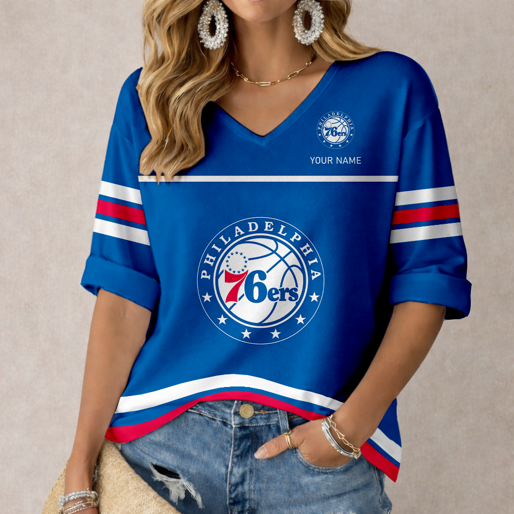 Limited Edition – Customized NBA Philadelphia 76Ers Women’s Heart V-Neck Long Sleeve Shirt