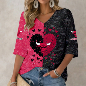 Limited Edition – Customized NBA Chicago Bulls Women’s Heart V-Neck Long Sleeve Shirt