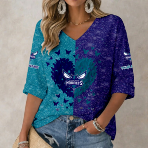 Limited Edition – Customized NBA Charlotte Hornets Women’s Heart V-Neck Long Sleeve Shirt