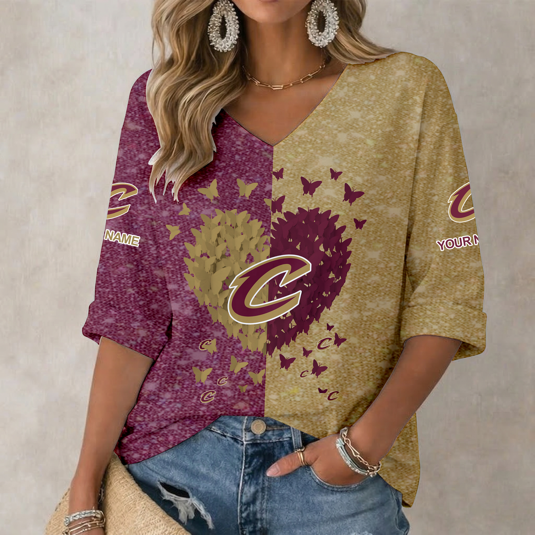 Limited Edition – Customized NBA Cleveland Cavaliers Women’s Heart V-Neck Long Sleeve Shirt