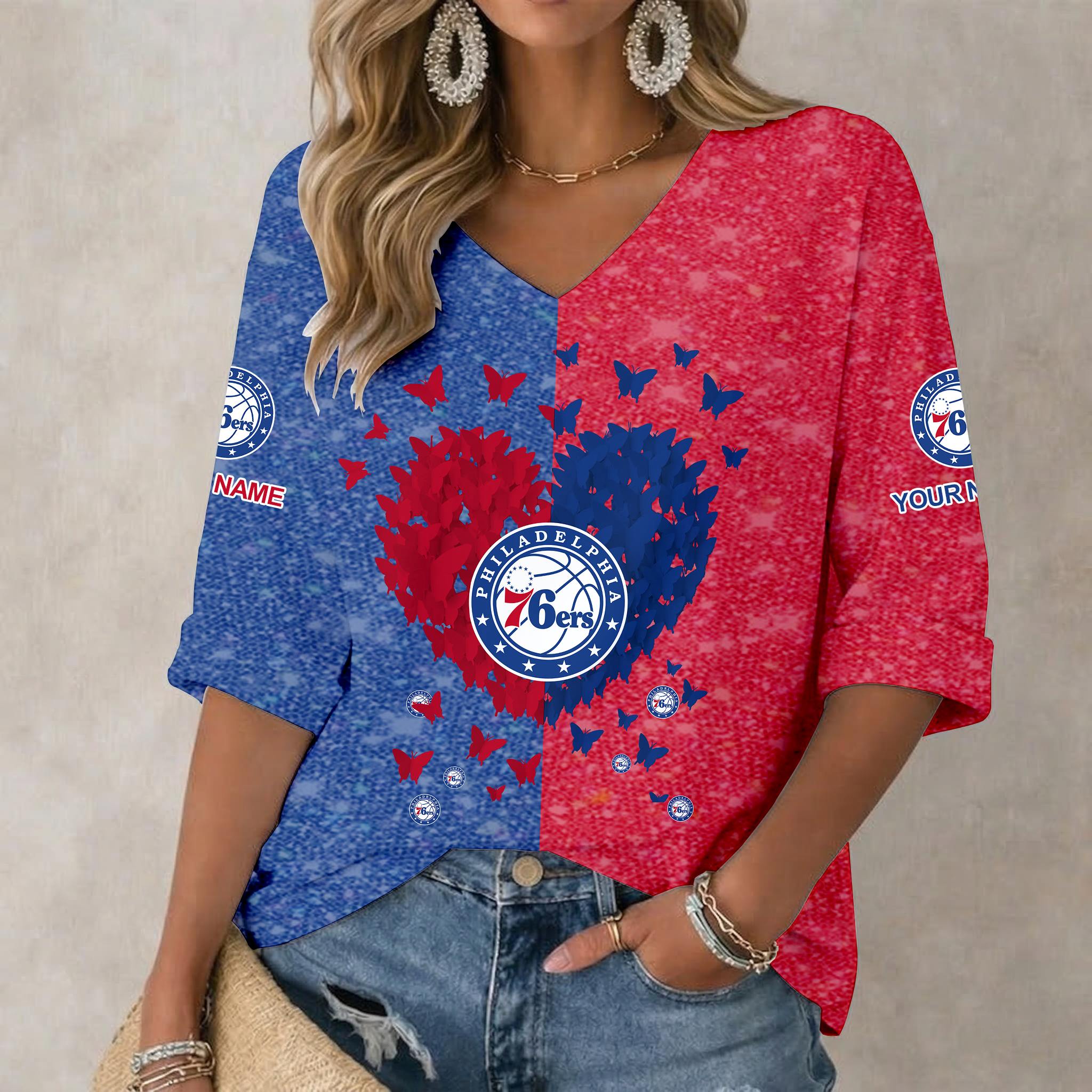 Limited Edition – Customized NBA Philadelphia 76Ers Women’s Heart V-Neck Long Sleeve Shirt