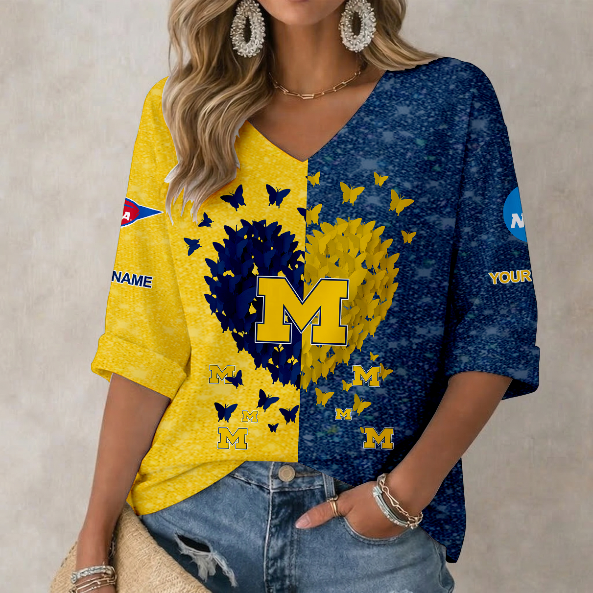 Limited Edition – Customized NCAA Michigan Wolverines Women’s Heart V-Neck Long Sleeve Shirt