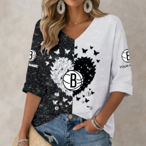 Limited Edition – Customized NBA Brooklyn Nets Women’s Heart V-Neck Long Sleeve Shirt