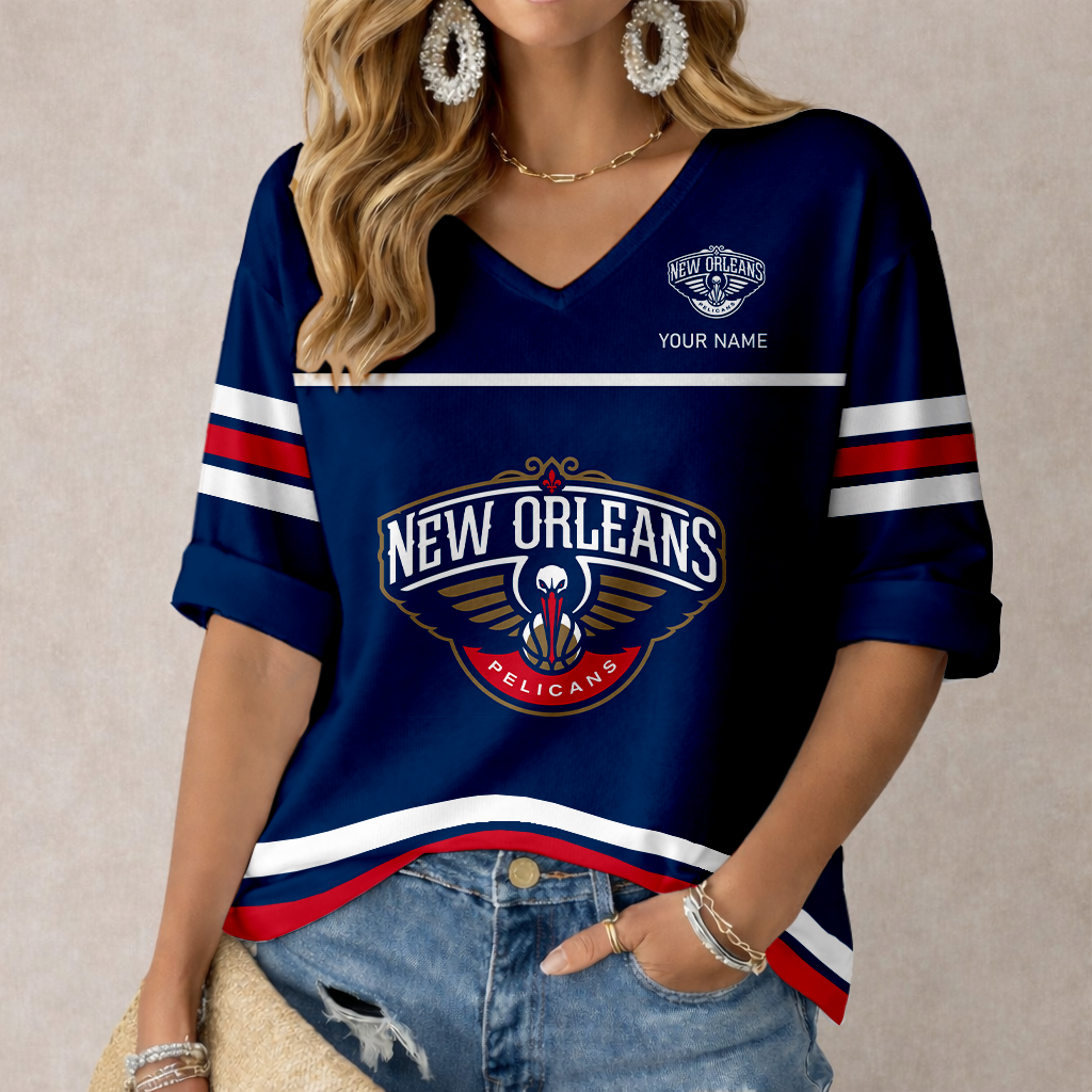 Limited Edition – Customized NBA New Orleans Pelicans Women’s Heart V-Neck Long Sleeve Shirt