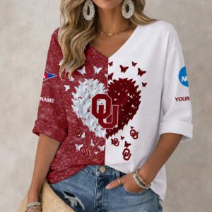 Limited Edition – Customized NCAA Oklahoma Sooners Women’s Heart V-Neck Long Sleeve Shirt