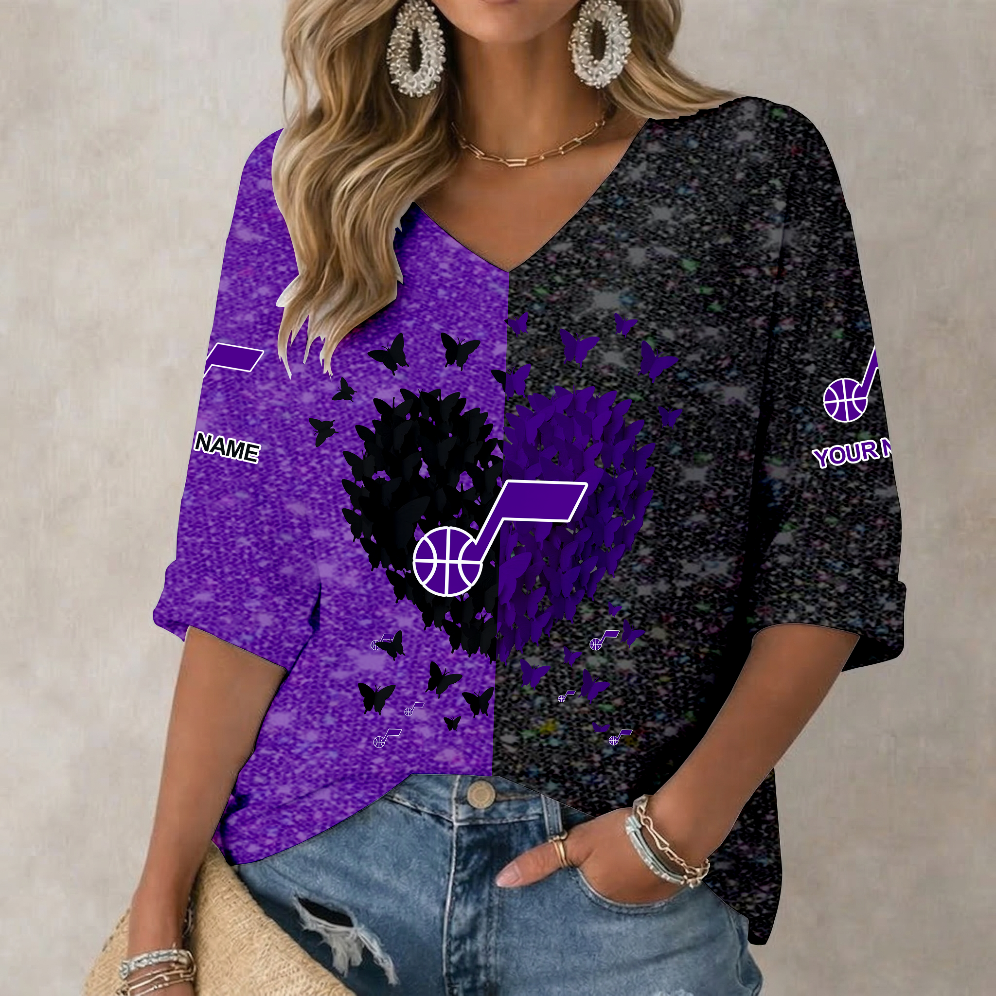 Limited Edition – Customized NBA Utah Jazz Women’s Heart V-Neck Long Sleeve Shirt