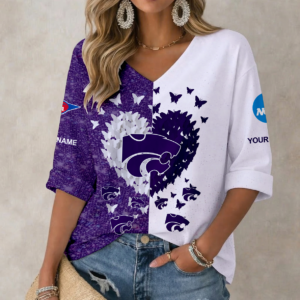 Limited Edition – Customized NCAA Kansas State Wildcats Women’s Heart V-Neck Long Sleeve Shirt