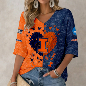 Limited Edition – Customized NCAA Illinois Fighting Illini Women’s Heart V-Neck Long Sleeve Shirt