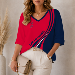 Limited Edition – Customized MLB Cleveland Guardians Women’s Heart V-Neck Long Sleeve Shirt
