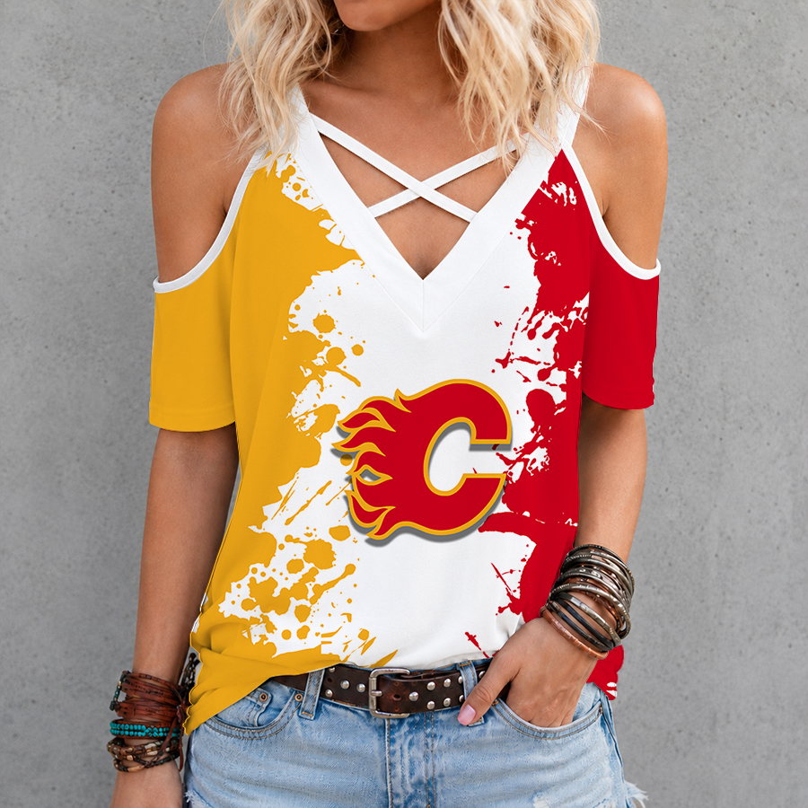 Limited Edition – Customized NHL Calgary Flames Criss Cross V-Neck Top