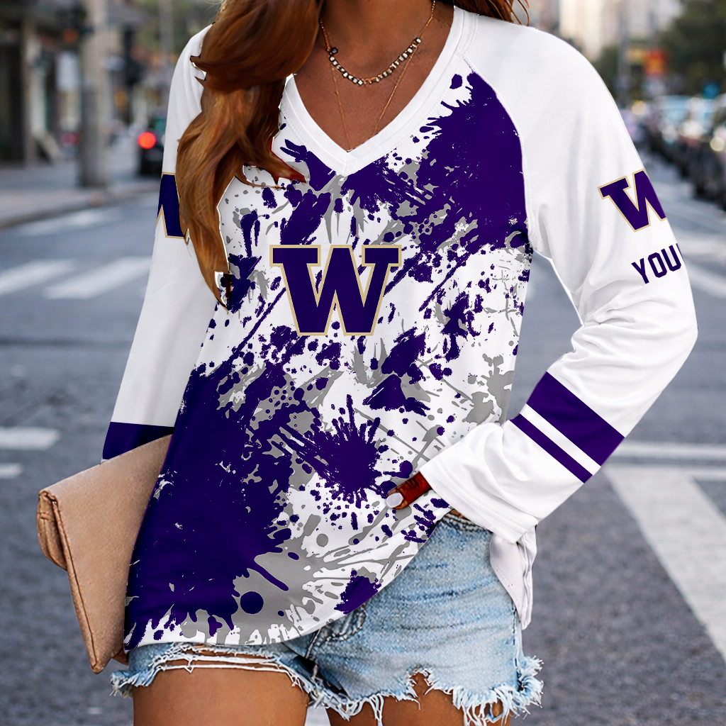 Limited Edition – Customized NCAA Washington Huskies Women’s V-Neck Long Sleeved Shirt