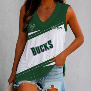 Limited Edition – Customized NBA Milwaukee Bucks Women’s V-Neck Tank Top