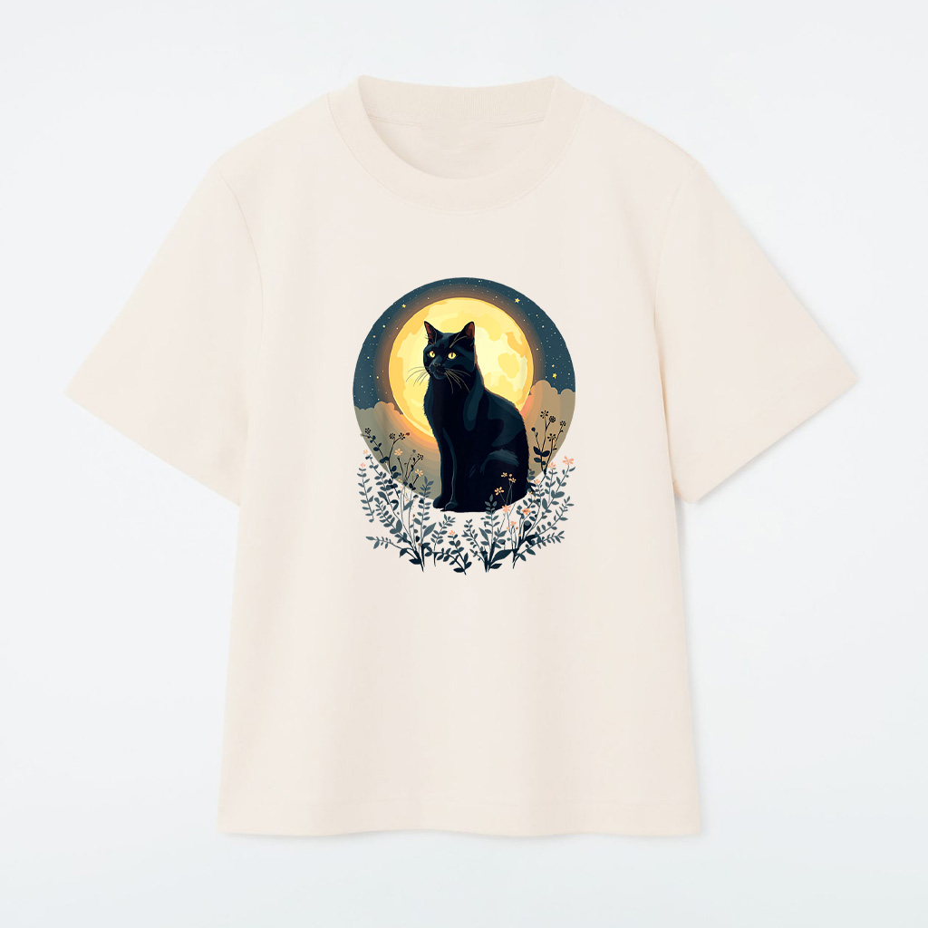 Vintage Black Cat Full Moon Cats Kitten Lover Art Style T-Shirt