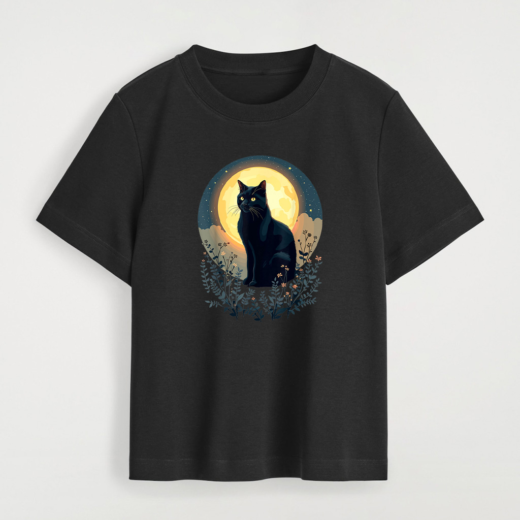 Vintage Black Cat Full Moon Cats Kitten Lover Art Style T-Shirt - Image 3