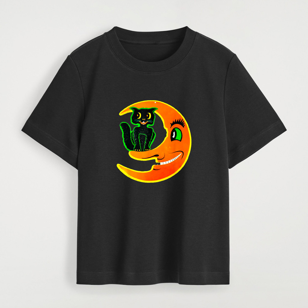 Vintage Halloween Beistle Cat On The Moon Horror Gift T-Shirt - Image 4